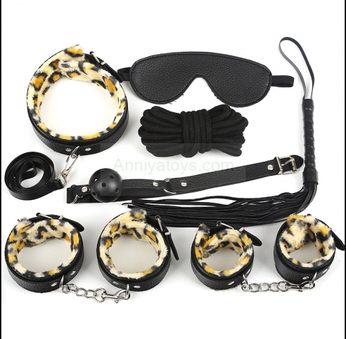 New Sex Leather Women BDSM Restraint Bondage 7 pcs Leopard Fetish Set